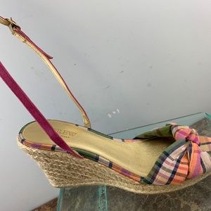 J Crew Italy Plaid Slingback Open Toe Wedge Heel 8